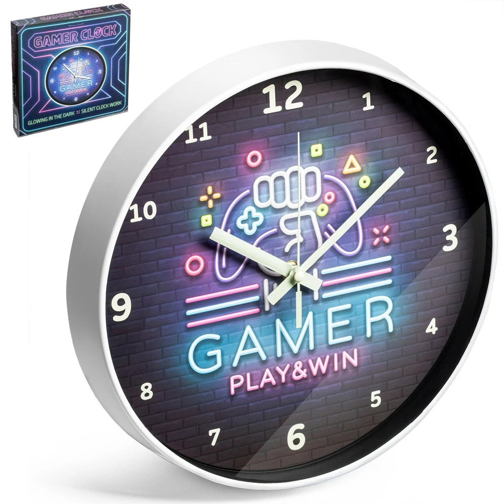 Nástěnné hodiny pro hráče svítící ve tmě – GAMER PLAY & WIN