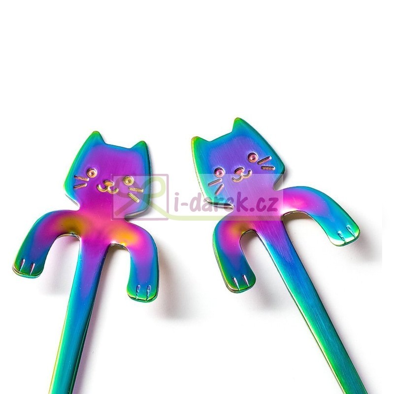 Nerezové duhové lžičky 2ks v dárkové krabičce - KOČKA na hrnku