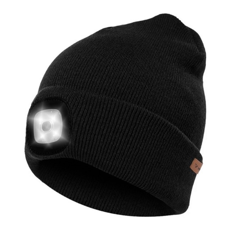 Dvojitá zimní čepice s dobíjecím 4 LED osvětlením - černá