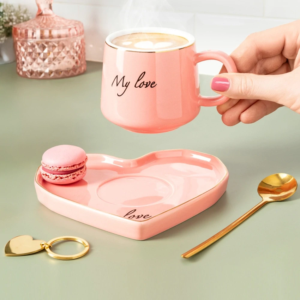 Luxusní sada šálek, podšálek, lžička a klíčenka – My Love 💖