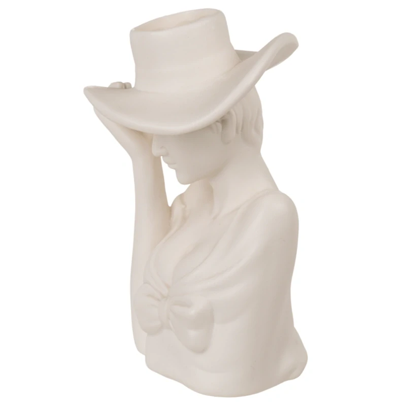 Keramická bílá váza 17cm - Elegantní dáma s kloboukem