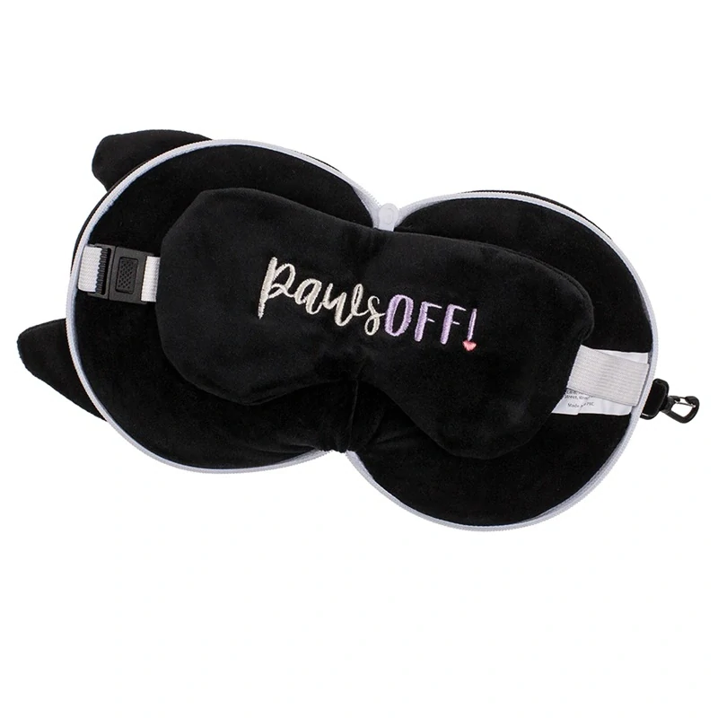 Dětský plyšový cestovní polštářek s maskou na oči – černá kočka