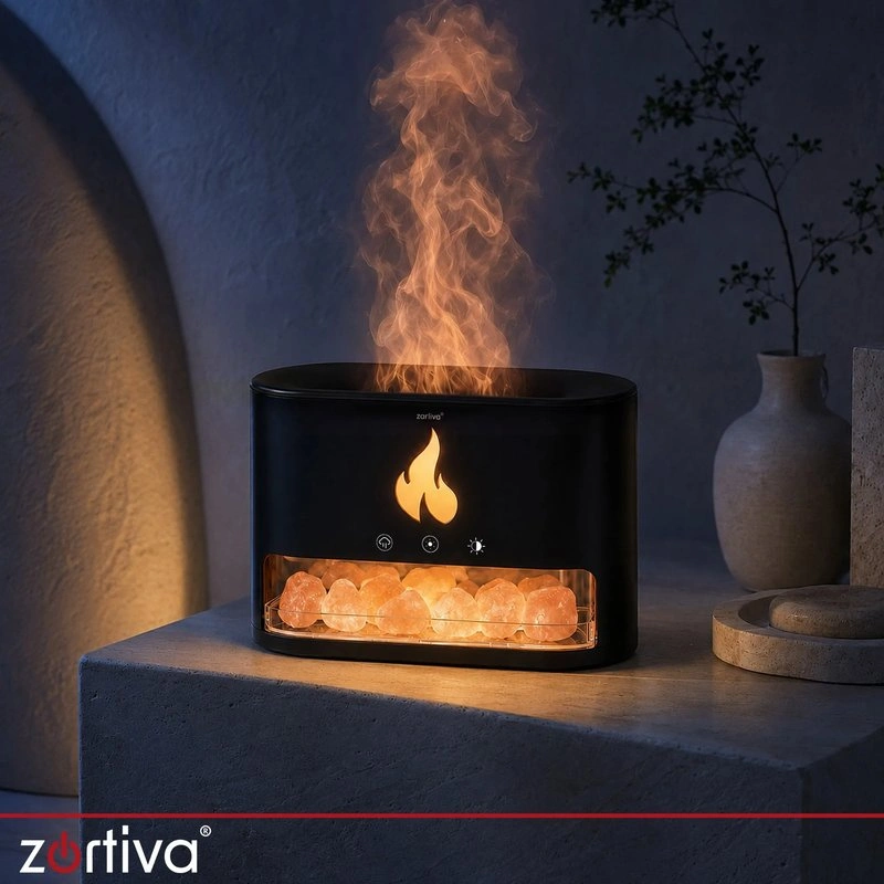 Aroma difuzér a zvlhčovač Zortiva s plamenem a podsvícenými kameny 250 ml