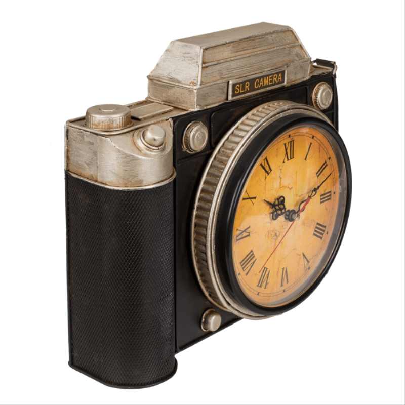 Kovová skříňka na klíče s nástěnnými hodinami – Retro fotoaparát