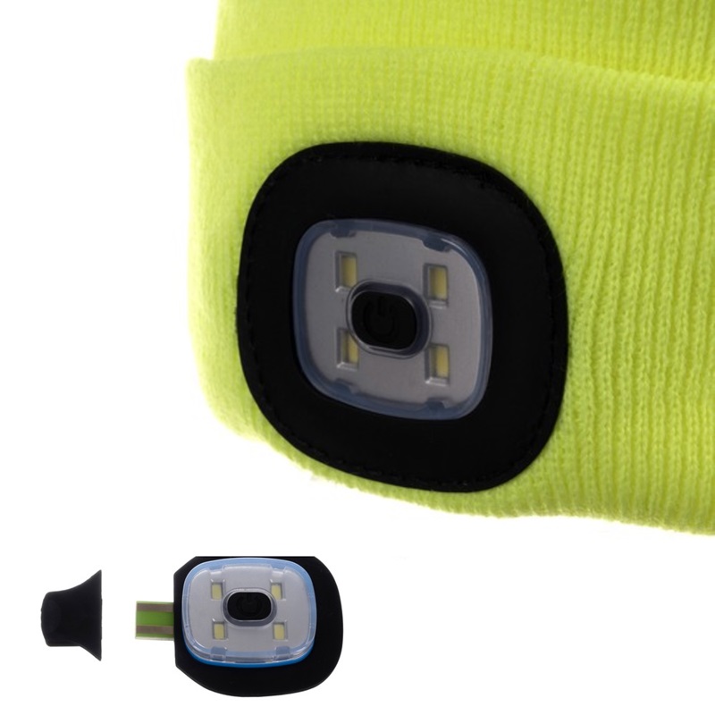 Dvojitá zimní čepice s dobíjecím 4 LED osvětlením - žlutá