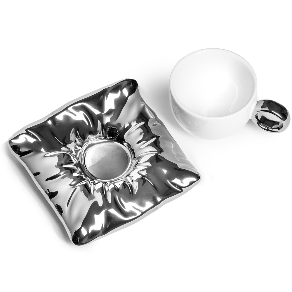 Keramický šálek na polštářkovém podšálku Royal cup - stříbrnobílý