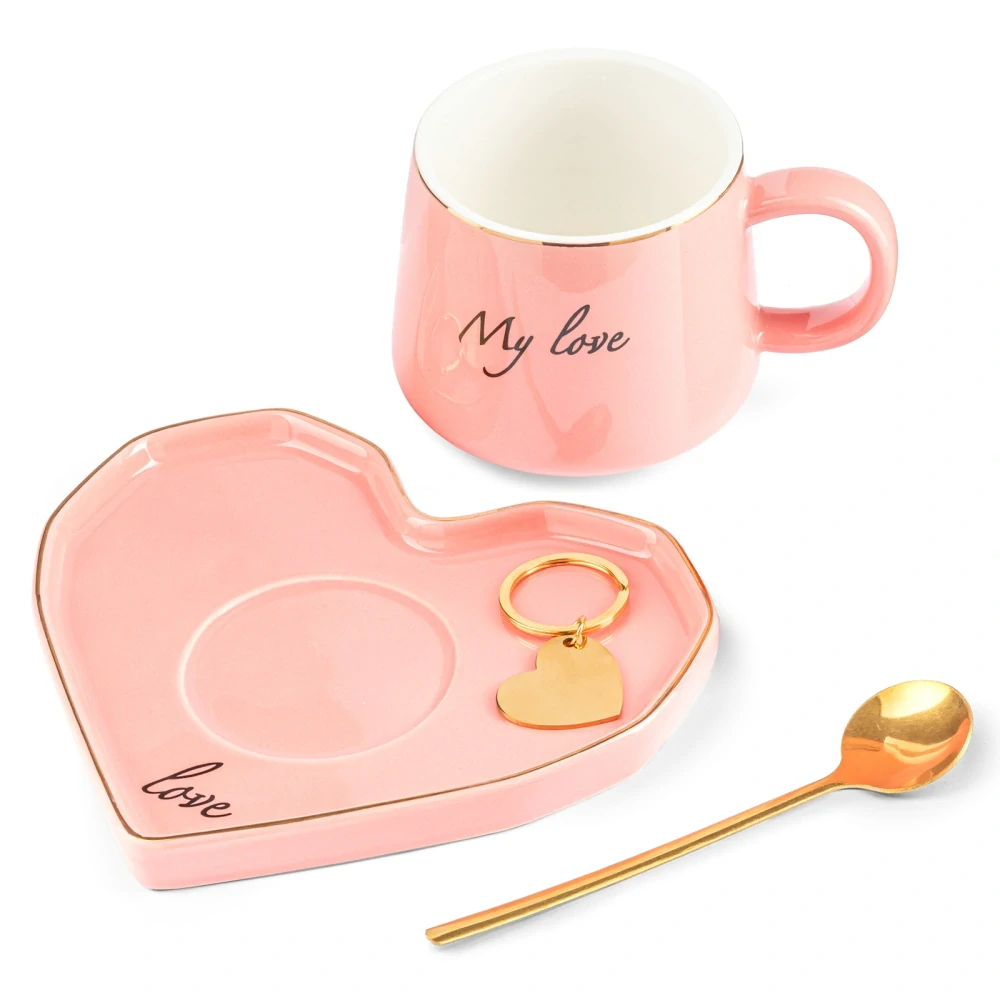 Luxusní sada šálek, podšálek, lžička a klíčenka – My Love 💖