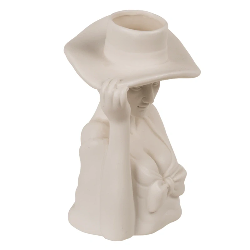 Keramická bílá váza 17cm - Elegantní dáma s kloboukem