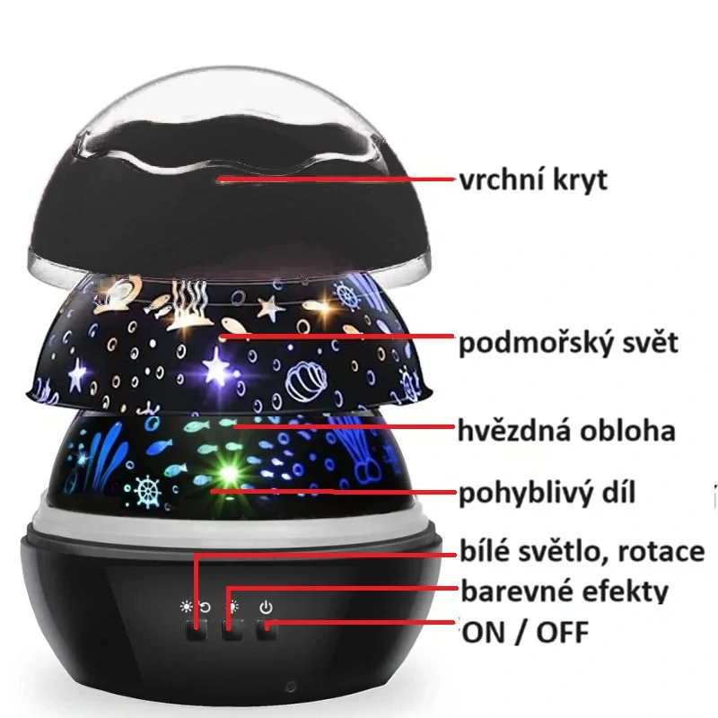 Rotující projektor noční obloha, mořský svět - černý LP16857