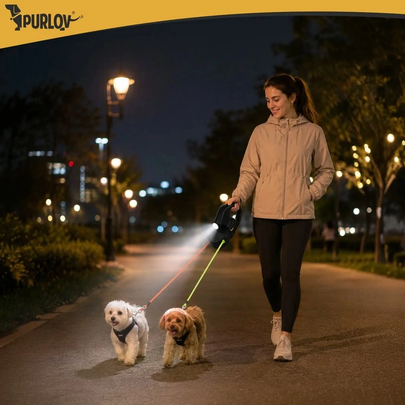 Dvojité automatické vodítko pro 2 malé psy 2x3 m s LED svítilnou – do 11,4 kg na psa, PURLOV
