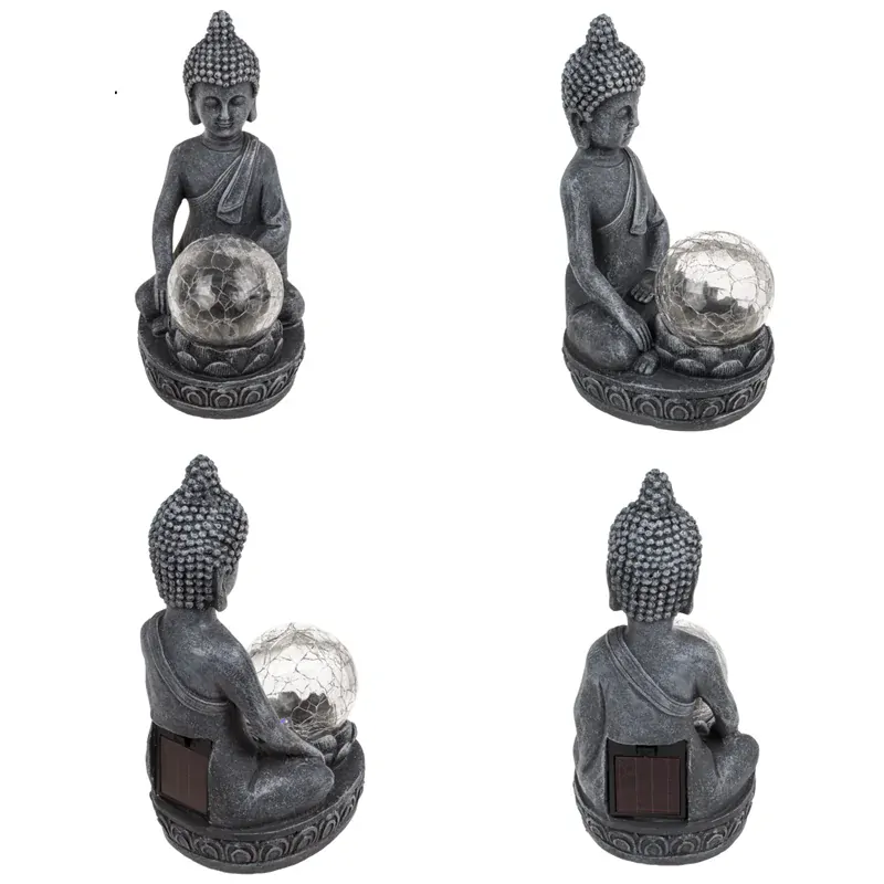 Meditující Buddha se solární LED dekorativně popraskanou koulí