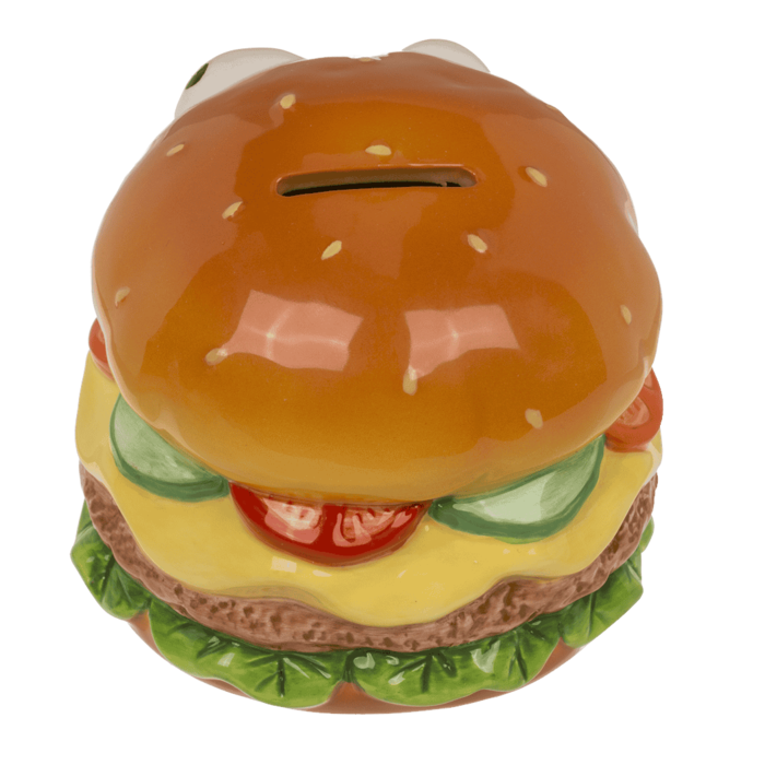 Pokladnička s očima - Hamburger kasička ve fastfood krabičce