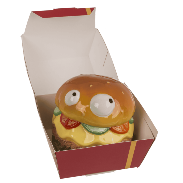 Pokladnička s očima - Hamburger kasička ve fastfood krabičce
