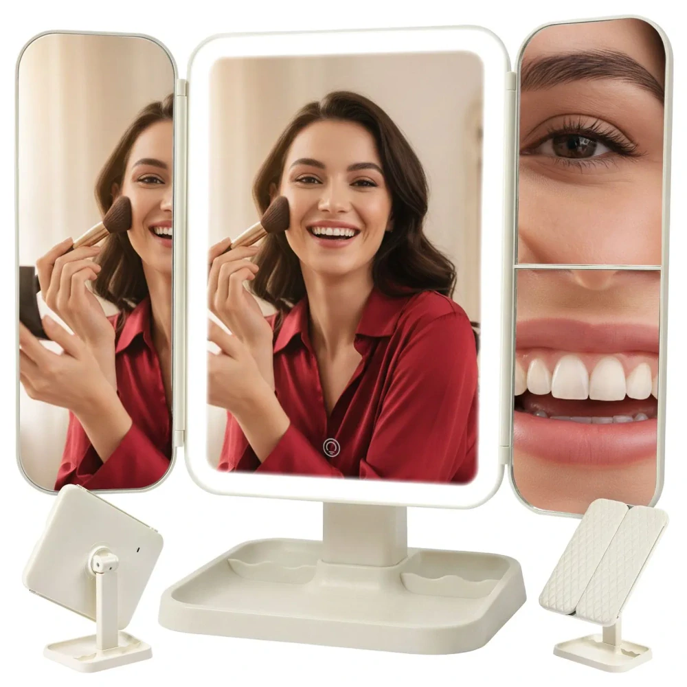 Skládací kosmetické zrcátko LED 26952 – 3dílné, zvětšovací, USB-C