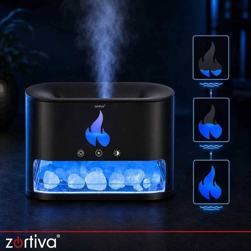 Aroma difuzér a zvlhčovač Zortiva s plamenem a podsvícenými kameny 250 ml