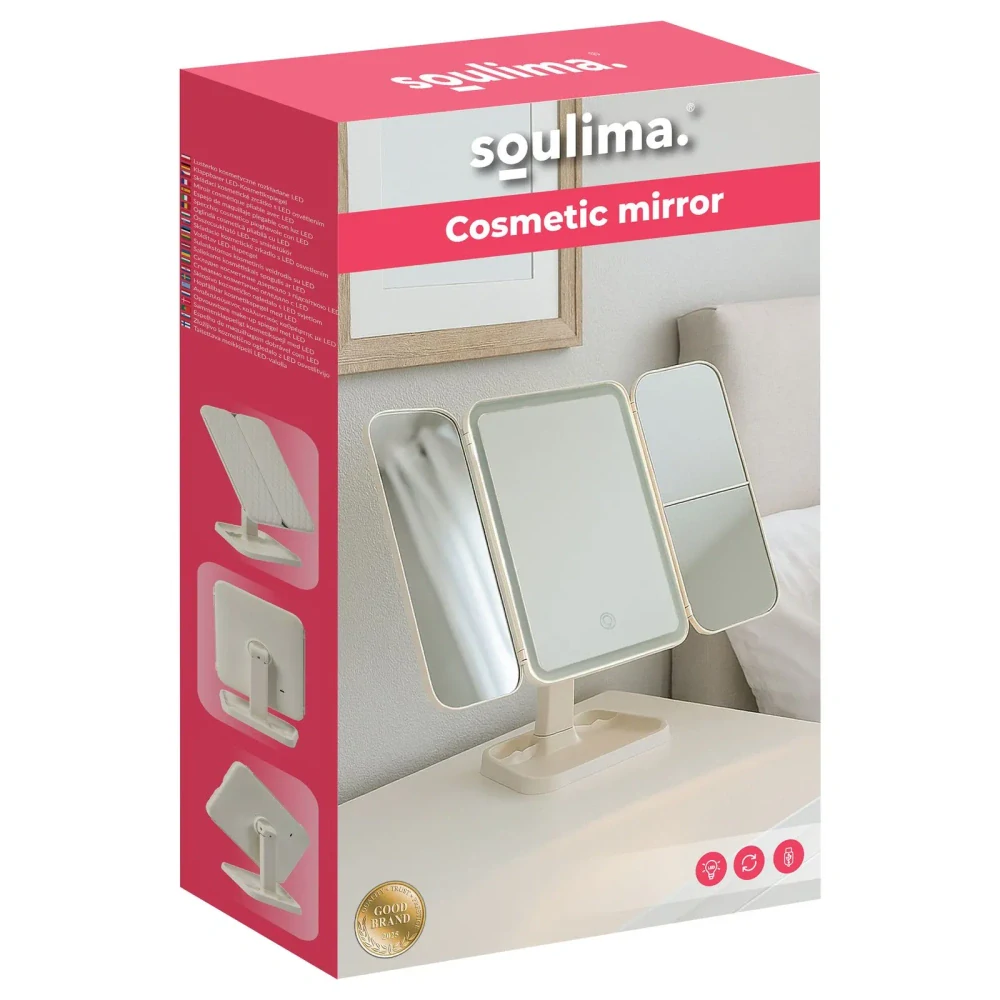 Skládací kosmetické zrcátko LED 26952 – 3dílné, zvětšovací, USB-C