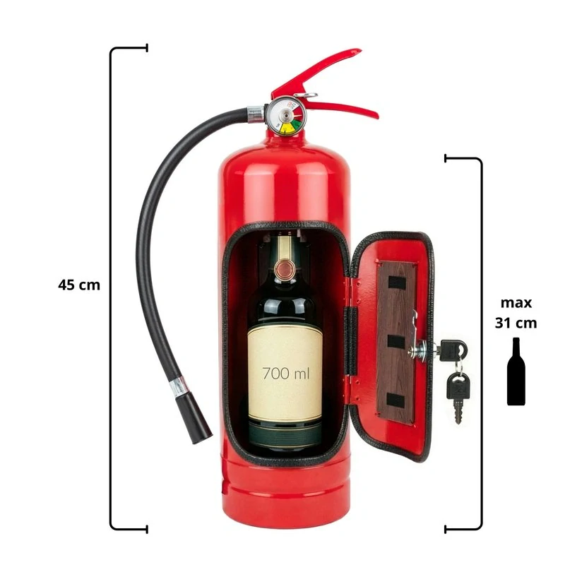 Minibar ve tvaru hasicího přístroje 45 cm – uzamykatelná skrýš na láhev až 1 l, dárek pro hasiče