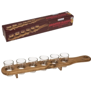 Dřevěný nosič a stojan na 6 panákových skleniček – párty set