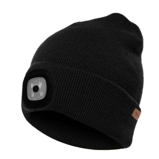 Dvojitá zimní čepice s dobíjecím 4 LED osvětlením - černá