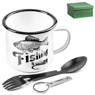 Originální sada pro rybáře – smaltovaný hrnek, multifunkční nástroj a klíčenka