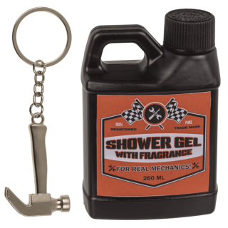 Sprchový gel v kanystru a klíčenka kladivo – dárek pro kutily a tesaře