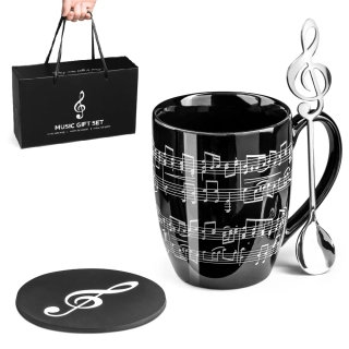 Luxusní sada pro hudebníky v dárkové tašce - hrnek, podložka a lžička s houslovým klíčem