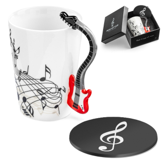 Hudební dárková sada – hrnek s uchem ve tvaru elektrické kytary a podtácek