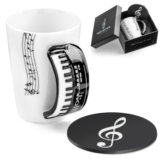 Hudební dárková sada – hrnek s uchem ve tvaru klavíru a podtácek