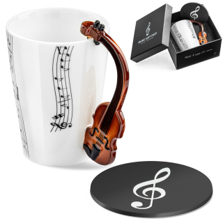 Hudební dárková sada – hrnek s uchem ve tvaru houslí a podtácek