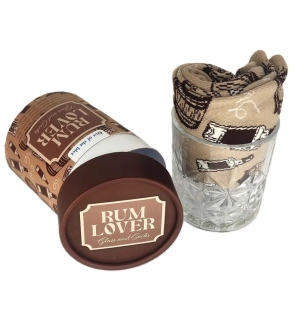 Dárková sada pro milovníka rumu – sklenička a ponožky v kulatém boxu